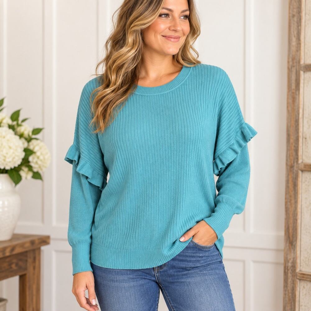NWT Cupcake Clothing Francesca's Womens XL Teal Ruffle Sleeve Knit Sweater